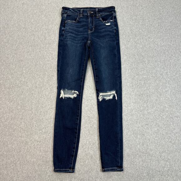 American Eagle Mid-Rise Jeans WMNS 4 Blue Denim Distressed Next Level Stretch - Picture 1 of 12